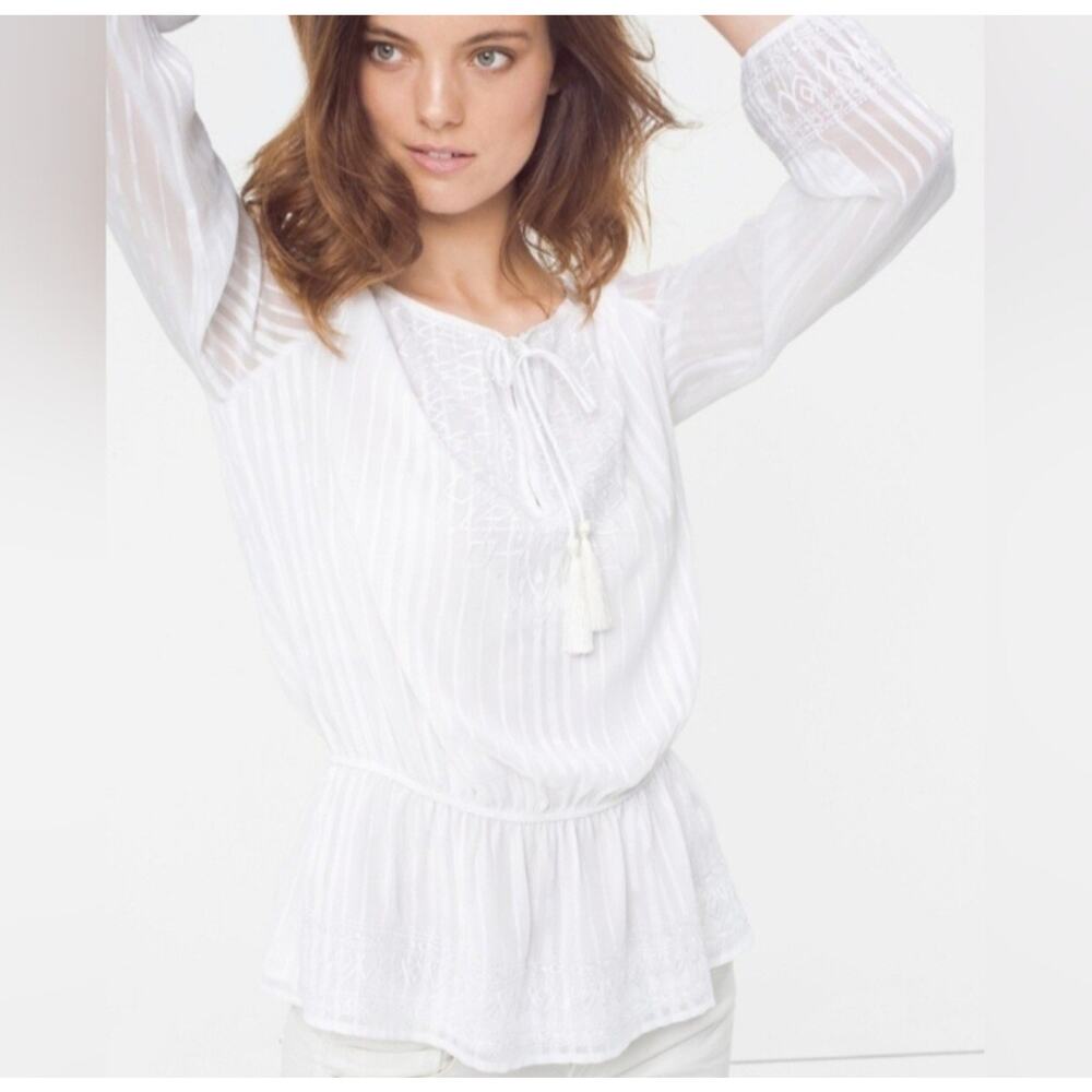 White House Black Market Alyssa Embellished Boho Blouse Sz 8 Peasant Cottage Cor